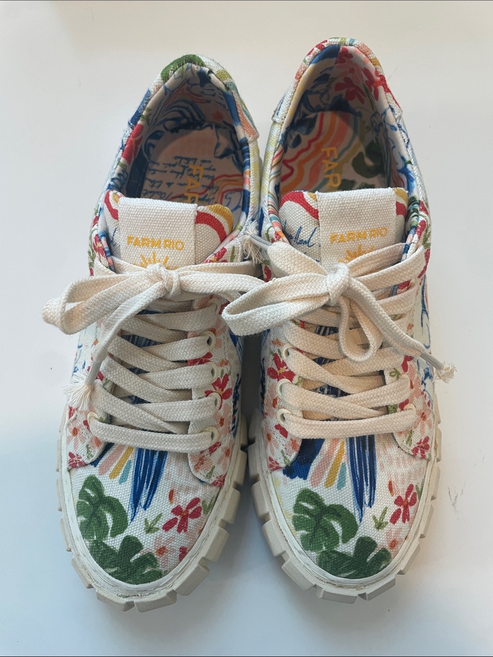 FARM Rio Canvas Copacabana Sneakers in Cream w/ Colorful Festive Floral Print.
